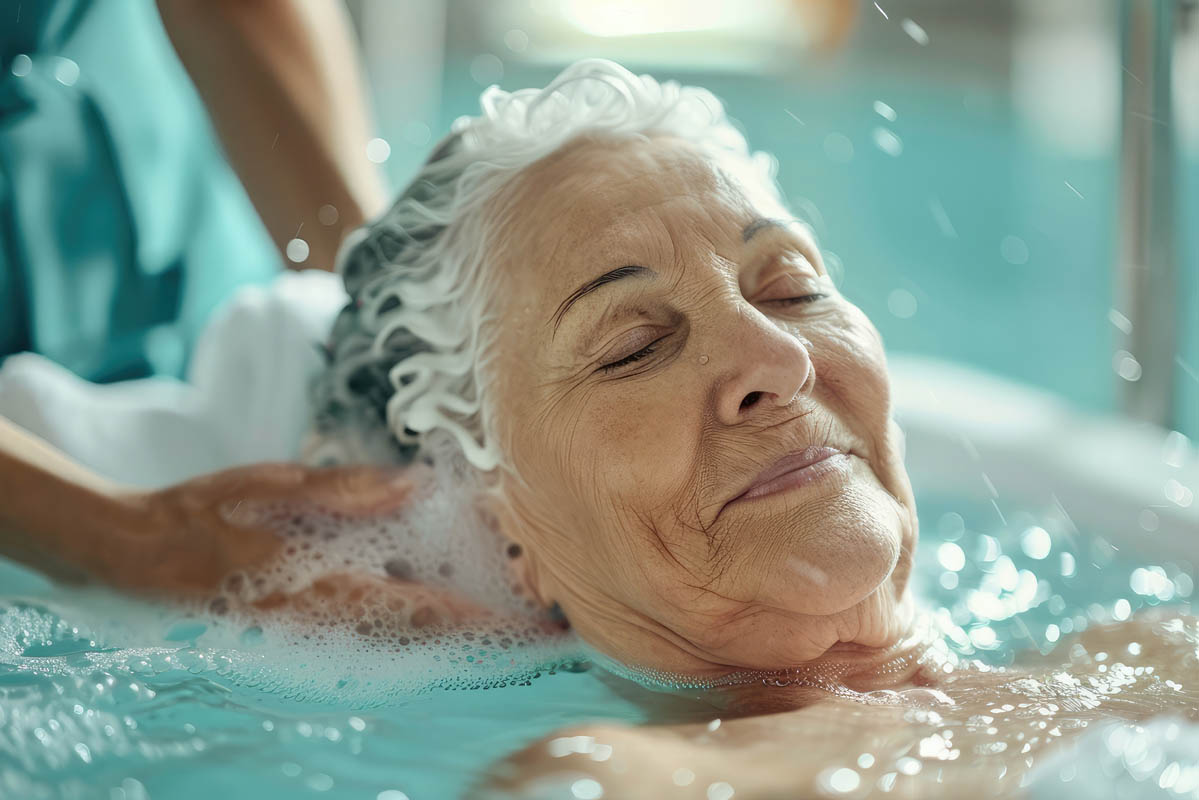 Senior woman enjoying a soothing bath with assistance from a caregiver, promoting relaxation and hygiene